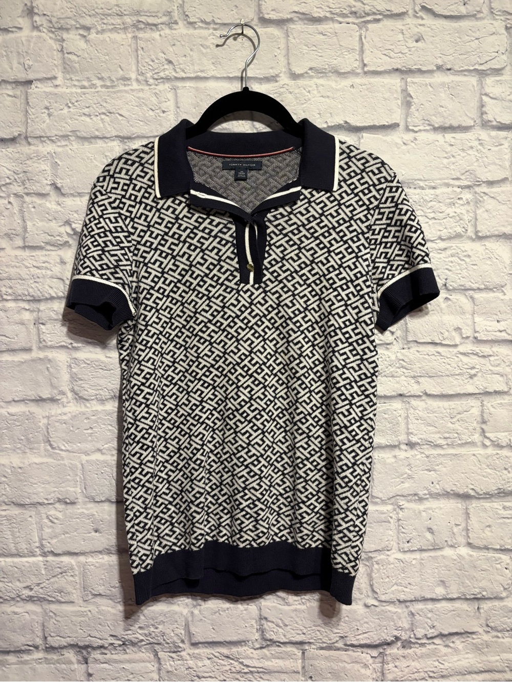 Tommy Hilfiger Geometric Pattern Knit Polo Short Sleeve Sweater Top XS